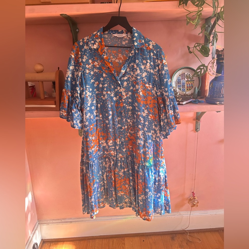 & Other Stories Blue and Orange Floral Flowy Sleeve Dress